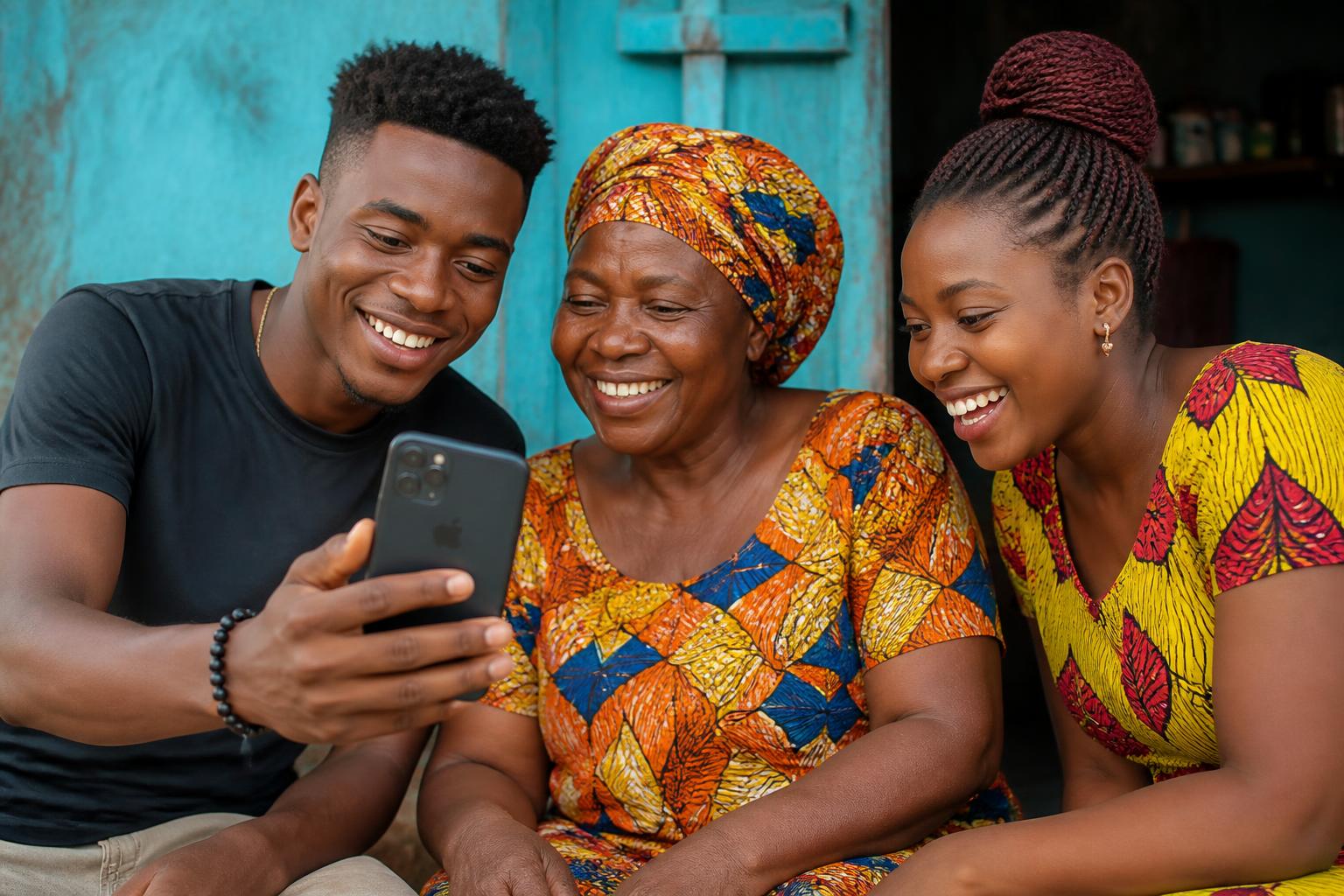 Three customers in Tanzania paying with mobile money on a smartphone